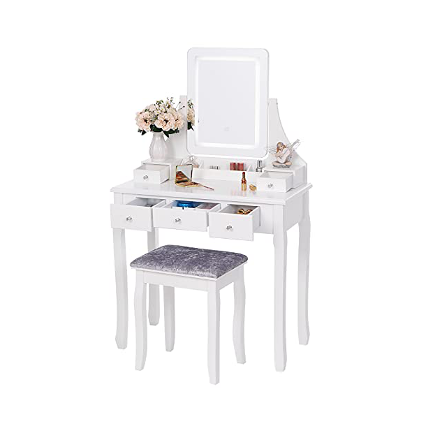 Juego de mesa de tocador con espejo giratorio de 360°, tocador  multifuncional blanco con taburete acolchado, organizador de maquillaje con  espejo y 4