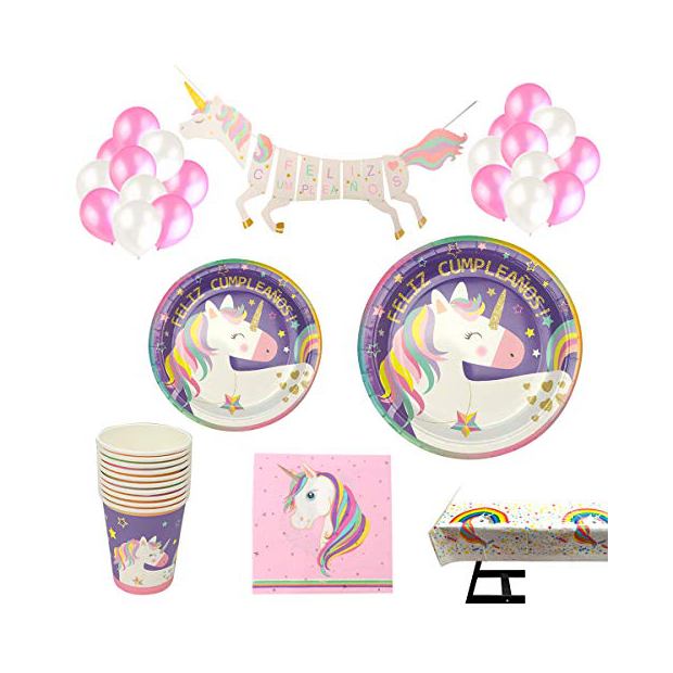 Kit completo de vajilla de decoración de fiesta de unicornio con platos,  vasos y cubiertos para 16, lindas decoraciones de cumpleaños de unicornio